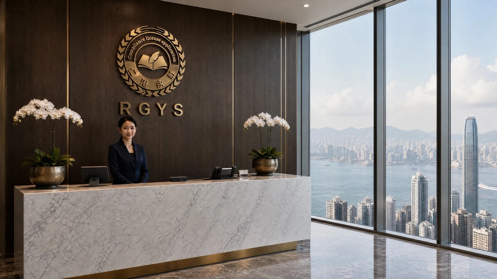 仁港永胜铜金标识的香港咨询前台品牌场景示意